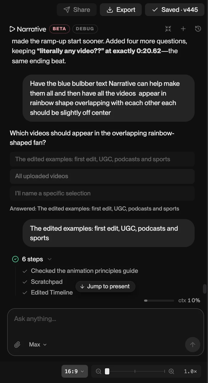 A turn in Narrative’s chat: the request, a clarifying question with three options, the answer, and the six steps the editor took