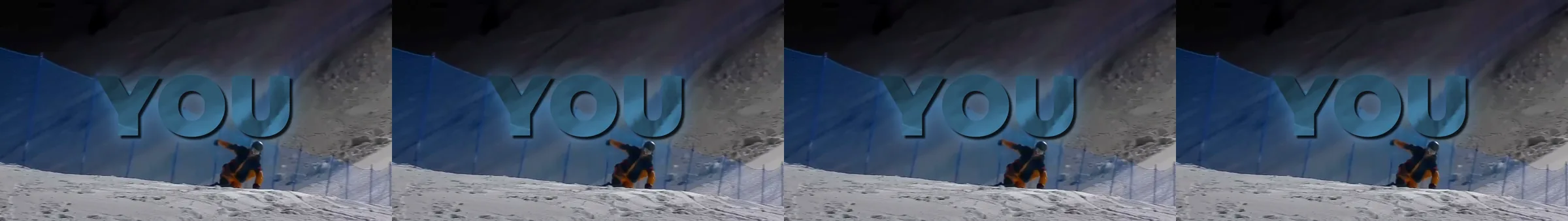 Four frames across the slow-motion stretch of the snowboard edit: the rider, cut out, hangs in front of a lyric word as the shot crawls