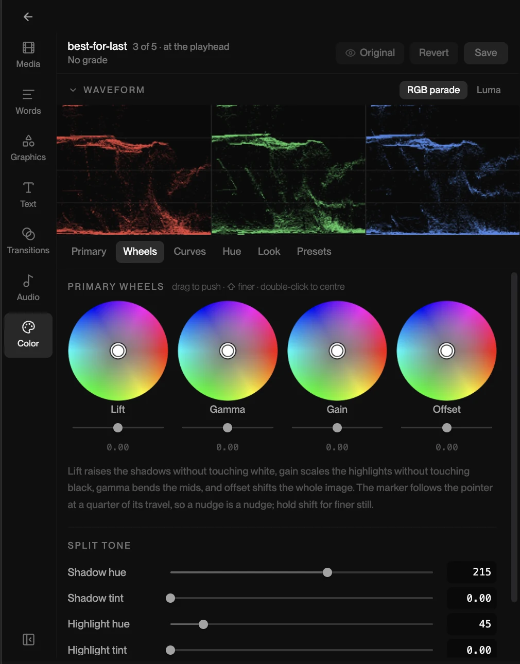 The Narrative colour panel open on a snowboard clip: RGB parade, lift/gamma/gain/offset wheels, split tone