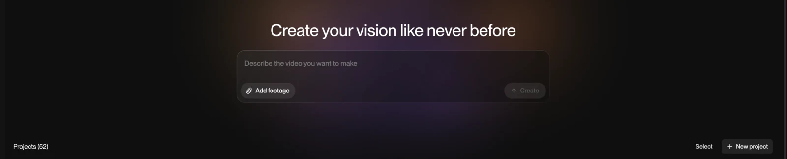Narrative’s home page: a text box reading “Describe the video you want to make”, an Add footage button, and Create