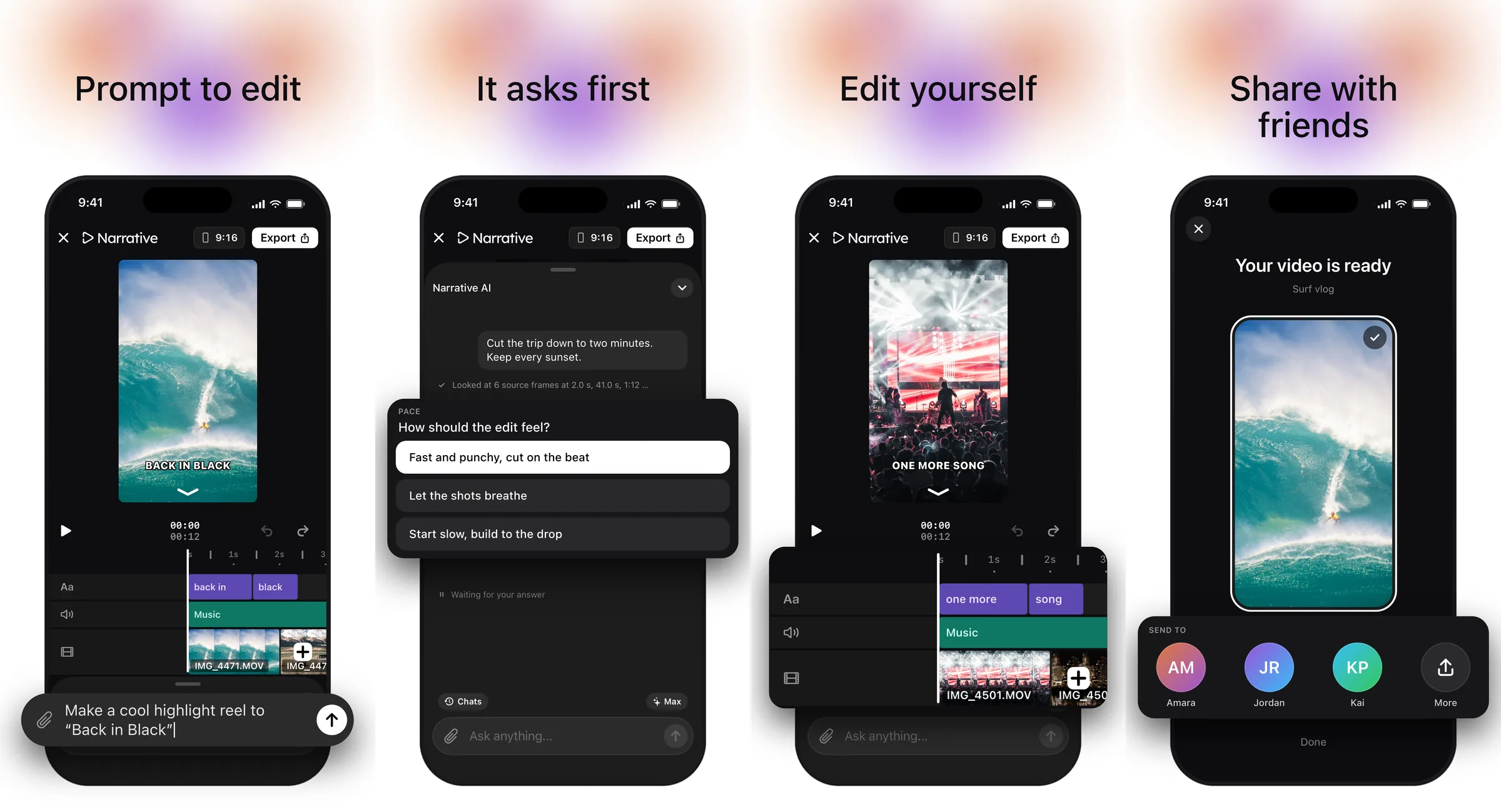 Four screens of the Narrative iPhone app: a prompt typed under a vertical edit, the editor asking how the edit should feel, the timeline with a text lane and a music lane, and a finished video ready to share