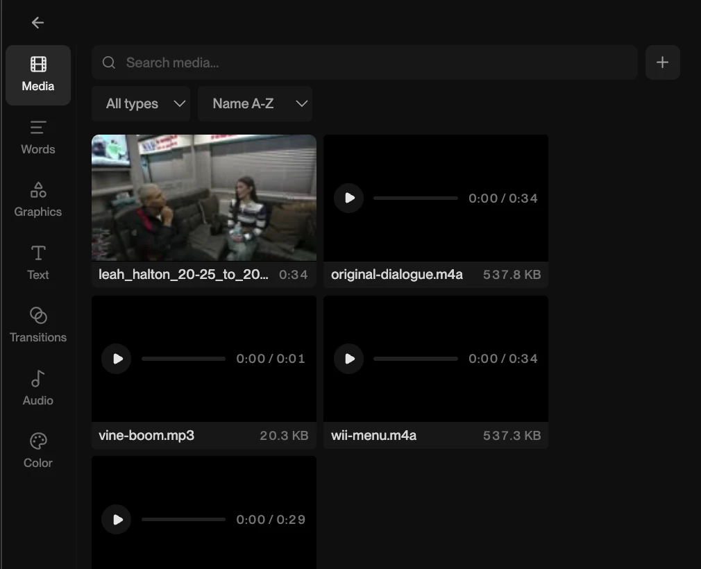 The media panel on a Narrative project: the source clip, a separate dialogue recording, and three sound effect files