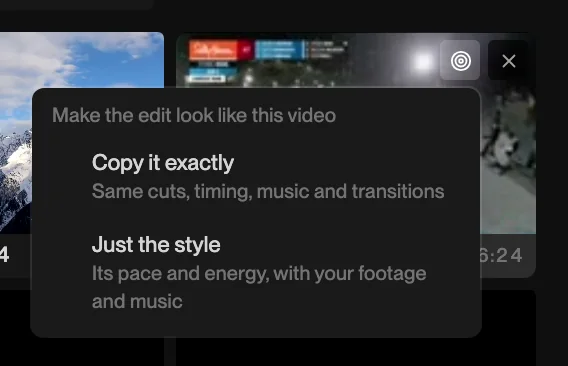 The reference menu on a video tile in Narrative’s media panel: “Make the edit look like this video”, with “Copy it exactly” and “Just the style”