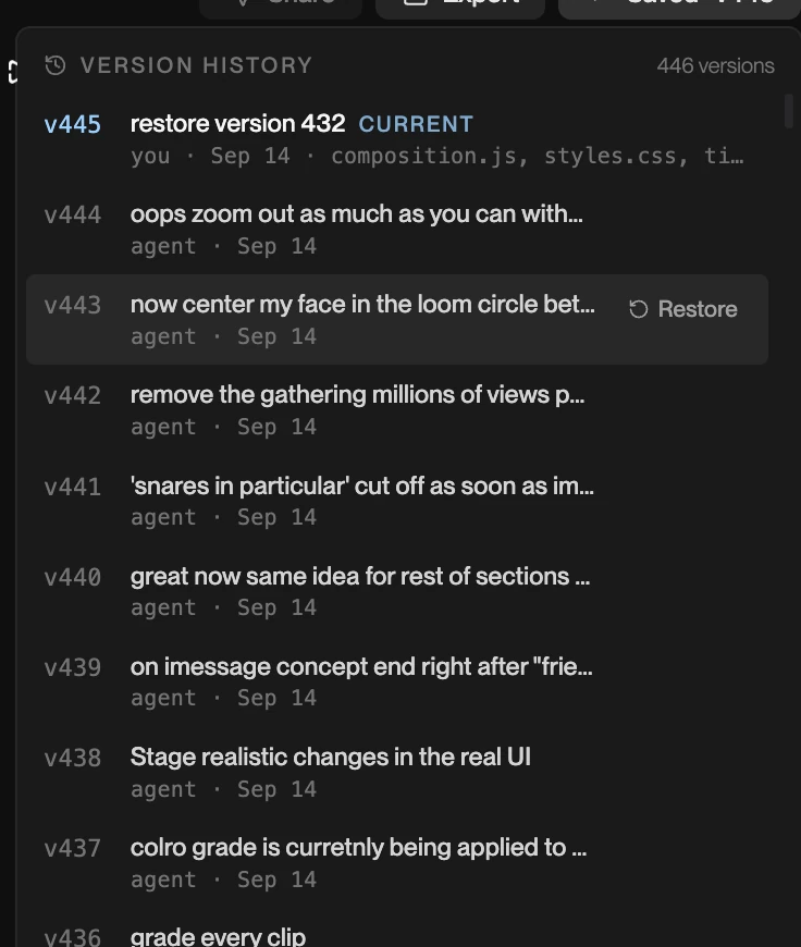 Version history on a Narrative project: 446 versions, each named by the request that made it, with Restore on hover